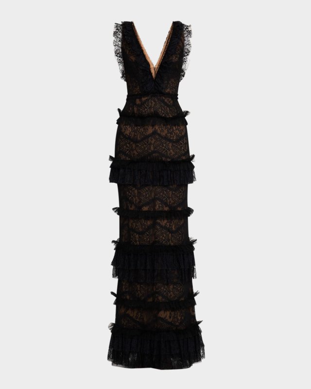 Tiered Ruffle-Trim Lace Column Gown
